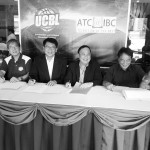 SIGNING ON: Universities and Colleges Athletic League, Inc. (UCAL) president Franklin Evidente and Asian Television Content (ATC) President Engr. Reynaldo Sanches, 3rd and 4th from left, sign the contract making IBC 13 the TV coveror of the Universities and Colleges Basketball League. Also shown are, from left, UCAL directors Bernard Yang and Horacio Lim, Nixon Salimbangon ATC consultant, Reychelle de Guzman, ATC executive assistant.