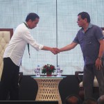 PRESIDENT Duterte and Indonesian President Joko Widodo shake hands at the launching of the Davao-General Santos-Bitung roll on/roll off shipping service in Davao City. (Keith Bacongco)