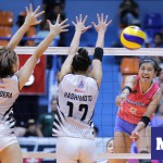 Creamline’s Alyssa Valdez attacks against Perlas’ Naoko Hashimoto and Sasa Devanadera during the Premiere Volleyball League Saturday at the Filoil Flying V Centre in San Juan. The Cool Smashers won, 25-16, 9-25, 17-25, 25-13, 15-13. (MB Photos | Rio Leonelle Deluvio)