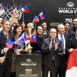 Bid committee members of the Philippines, Japan, and Indonesia pose with the Naismith Trophy, FIBA Basketball World Cup trophy, after the host announcement ceremony for the FIBA Basketball World Cup 2023 at the FIBA’s headquarters in Mies, Switzerland. The three countries – Philippines, Japan and Indonesia – have been selected to host the FIBA Basketball World Cup in 2023. (EPA)