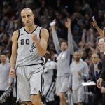 San Antonio Spurs guard Manu Ginobili pumps his fist after hitting the winning shot against the Boston Celtics. (AP)