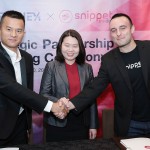 L to R: Superiex Chairman & President Bruce Liu, SnippetMEdia’s head of legal and accounting Atty. Cherry-Amor Chao, and SnippetMEdia COO Martin Cerantonio formally seal their strategic partnership of introducing blockchain technology in digital media practice in the Philippines.