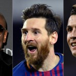 (L-R) former US boxer Floyd Mayweather, Barcelona's Argentinian forward Lionel Messi, and Real Madrid's Portuguese forward Cristiano Ronaldo. (AFP PHOTO)