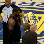 LeBron James #23 of the Cleveland Cavaliers and Stephen Curry #30 of the Golden State Warriors talk during Game One of the 2018 NBA Finals. (Joe Murphy/NBAE via Getty Images/AFP