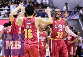 Ginebra's Justin Brownlee celebrates with teammate Jeff Chan (MB photo | Rio Leonelle Deluvio)