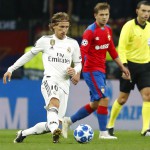 Real midfielder Luka Modric challenge for the ball during a Group G Champions League soccer match between CSKA Moscow and Real Madrid at the Luzhniki Stadium in Moscow, Russia, Tuesday, Oct. 2, 2018. (AP Photo/Pavel Golovkin)