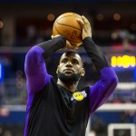 Los Angeles Lakers forward LeBron James (23) warms up before an NBA basketball game (AP Photo/Al Drago)