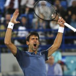 Serbia's Novak Djokovic reacts after he got a point against South Africa's Kevin Anderson during the final match of the Mubadala World Tennis Championship in Abu Dhabi, United Arab Emirates, Saturday, Dec. 29, 2018. (AP Photo/Kamran Jebreili)