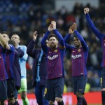 Barcelona players celebrate after winning the Spanish La Liga soccer match between Real Madrid and FC Barcelona at the Bernabeu stadium in Madrid, Saturday, March 2, 2019. (AP Photo/Andrea Comas)