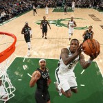 Eric Bledsoe #6 of the Milwaukee Bucks goes to the basket against the Brooklyn Nets on April 6, 2019 at the Fiserv Forum Center in Milwaukee, Wisconsin. (Gary Dineen / NBAE / Getty Images / AFP)