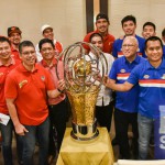 PBA Commissioner Willie Marcial poses with the officials and players of the PBA Philippine Cup finalists San Miguel Beermen and Magnolia Hotshots during yesterday’s the Finals press conference in Libis, Quezon City. (MB photo | Kevin Espiritu)