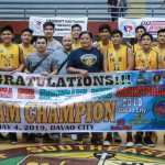 GRAND SLAM: Members of National University pose after winning the basketball competition of the Palarong Pambansa for the third straight year. Shown with the Bulldogs is godfather Eduard Tio of Freego. (MB photo | Rio Deluvio)