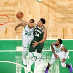 Giannis Antetokounmpo #34 of the Milwaukee Bucks shoots the ball against the Boston Celtics (Nathaniel S. Butler / NBAE / Getty Images / AFP)