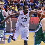 Meralco's Gani Lawal races for a rebound against Columbian's Kyle Barone (left) and Andreas Cahilig (MB photo | Rio Leonelle Deluvio)