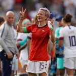 United States' forward Megan Rapinoe celebrates at the end of the France 2019 Women's World Cup round of sixteen football match between Spain and USA. (Photo by Lionel BONAVENTURE / AFP)