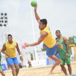 Mark Vincent Dubouzet of the Philippines tries to score against Indonesia during their match in the 2019 Asian Beach Handball Championship in Weihai, China. (Photos courtesy of Asian Handball Federation)