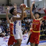 Thirdy Ravena of Ateneo goes up for an undergoal stab against JM Calma and Allyn Bulanadi of San Sebastian (PBA Images)
