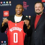 Houston Rockets General Manager Daryl Morey, right, poses with recently acquired guard Russell Westbrook (AP Photo/David J. Phillip)