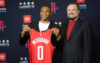 Houston Rockets General Manager Daryl Morey, right, poses with recently acquired guard Russell Westbrook (AP Photo/David J. Phillip)