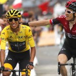 Britain's Geraint Thomas, right, congratulates Colombia's Egan Bernal (AP Photo/Christophe Ena)
