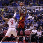 Chris McCullough of San Miguel Beer pulls up for a shot against Moala Tautuaa of NorthPort. SMB won, 90-88. (PBA Images)